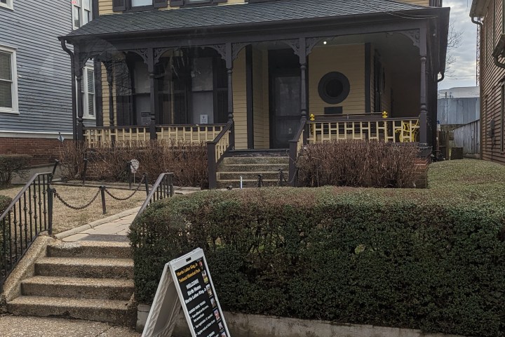 a close up of a stone building